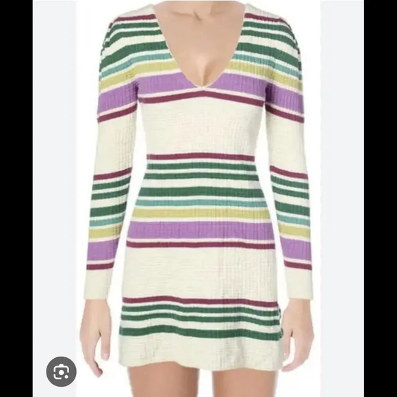 Free People Gidget Knit cotton purple green striped long sleeve dress size XS - Picture 1 of 8